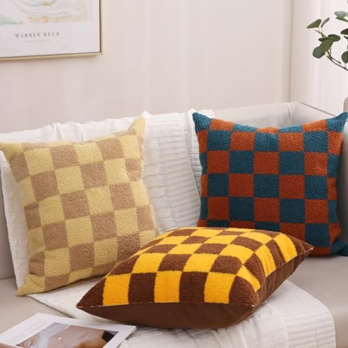 Alysheer Checkered Embroidered Throw Pillow Covers 18"x 18" 2pc Brown