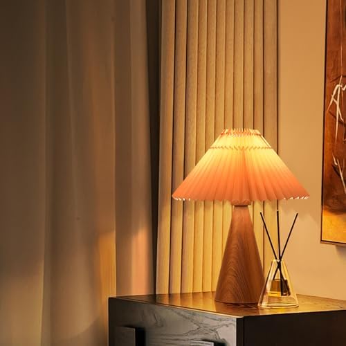 Ziqqeelam Wood Small Table Lamp, Mini Cute Table Lamp, Pleated Table Lamp,Wooden Grain Bedroom Lamps for Nightstand, Small Scalloped Lamp Shade Table Lamps for Small Spaces for Bedroom,Living Room