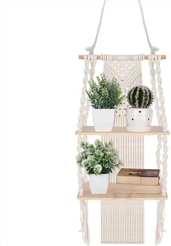 Barydat 1 Pack Macrame Wall Hanging Shelf 2 Tier Handmade Boho Hanging Wall Shelf Floating Woven Rope Decorative Storage Racks Holder Organizer for Home Bedroom Bathroom Plants, Beige (Classic)