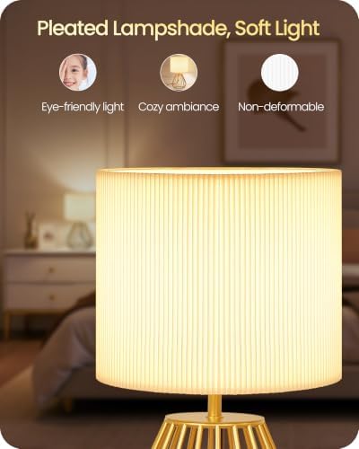 Gold Table Lamp with Pleated Lampshade, 12.6" Small Bedside Lamp