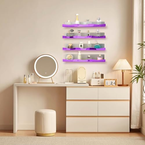 YMVV 15.7 in Large Purple Reflective Acrylic Mounted Floating Shelf, Perfume Organizer Shelf, Modern Bathroom Storage Toy Display Organizer Decor 4 Pack