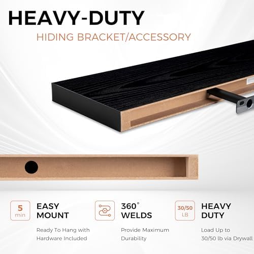 Fun Memories 27.5 Inch Deep Floating Shelves, Set of 2 Heavy Duty Wall Mounted Shelves with Invisible Brackets, Large Rustic Wood Storage Bookshelf for Living Room, Bathroom and Kitchen, Black