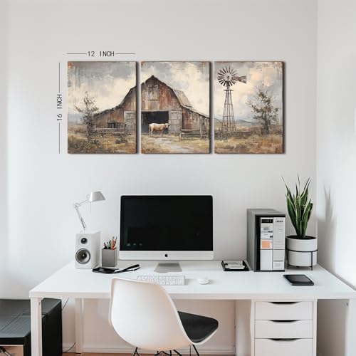 Vintage Farmhouse Wall Art Western Country Canvas Pictures for Living Room Rustic Cottage Painting Poster Windmill Barn Cow Prints Nature Landscape Canvas Artwork Bedroom Home Decorations 12x16" 3Pcs