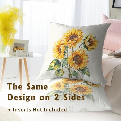 Watercolor Sunflower Throw Pillow Covers 20x20 Inch Set of 2 Floral Spring Summer Pillow Case Yellow Flowers Vintage Pillowcases Farmhouse Rustic Seasonal Cushion Cases for Home Couch Sofa