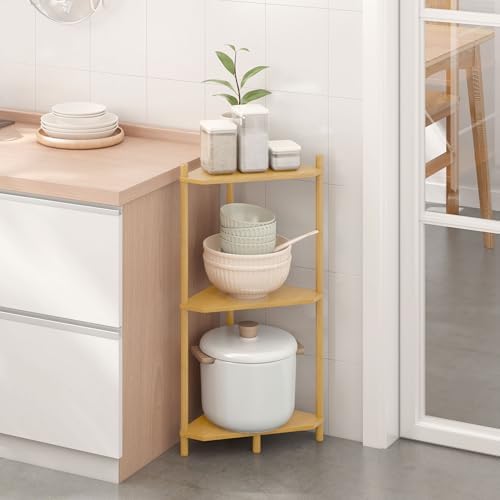 Wisuce Natural Small Corner Shelf Stand, 3-Tier Bamboo Corner Bookshelf
