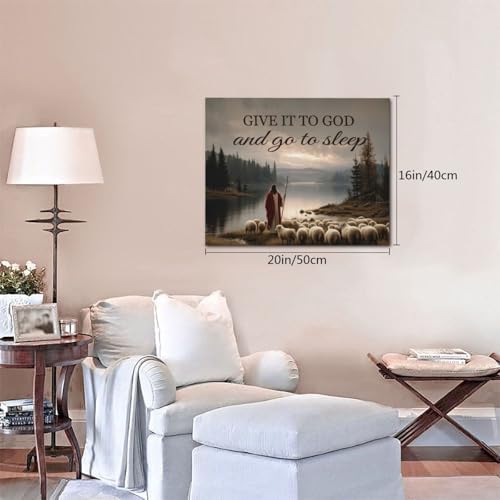 Jesus with Lamb Wall Art Jesus and Lamb Wall Decor Pictures Religious Christian Canvas Prints Painting God Faith Artwork Give it to God and Go to Sleep Decoration for Bedroom Framed Gifts 16"x20"