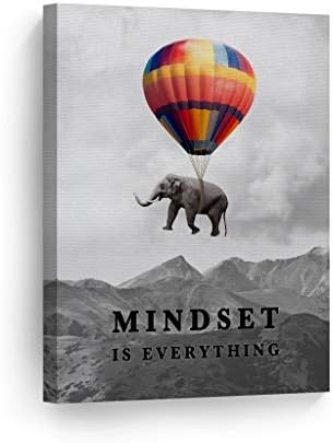 Smile Art Design Mindset is Everything Colorful Elephant Black and White View Motivational Wall Art Canvas Print Inspirational Entrepreneur Quote Office Living Room Decor Gift Ready to Hang 17x11