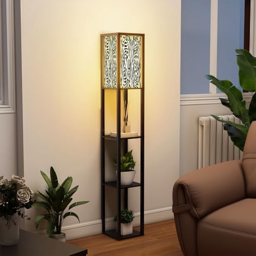 Standing Lamp with Shelves Tall Animal Print Zebra Stripes Mix Leopard Spots Geometric Elements Modern Wood Corner Lamp for Bedroom Living Room Office Floor Lamp Mid Century Room Decor