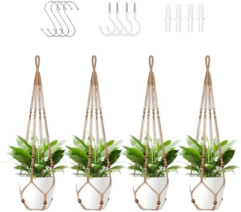 LEWESU Jute Macrame Plant Hanger Indoor Set of 4 Hanging Planter Basket Flower Pot Holder with Decorative Wood Beads & No Tassels for Indoor Outdoor Boho Home Decor, 35 Inch Brown (Pots Not Included)