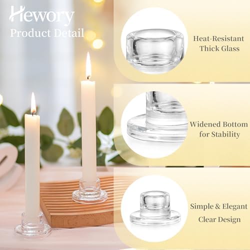 Hewory Glass Taper Candle Holders Bulk, 4 PCS Clear Candlestick Holders