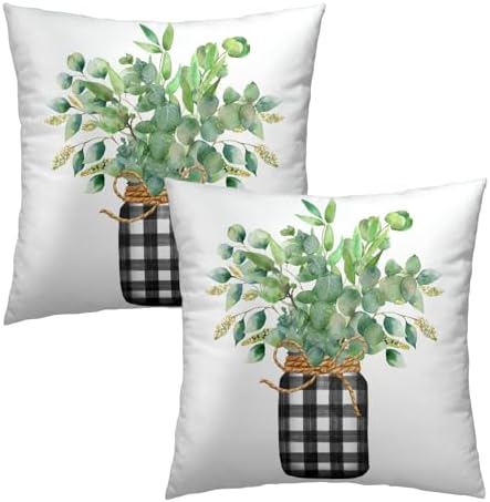 Green Eucalyptus Leaves Pillowcase 18x18 Inch Set of 2 Spring Summer Theme Botanical Print Outdoor Throw Pillow Covers Black White Buffalo Plaid Mason Jar Decorative Cushion Cover for Home Sofa