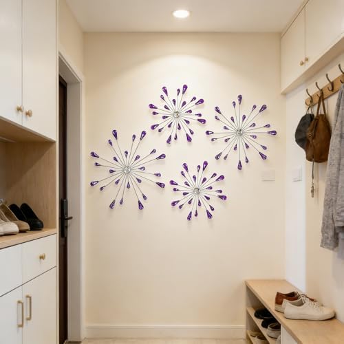 ZEXUIRU 4 Set Silver Starburst Wall Art for Home Decor Metal Bling Crystal Rhinestones Sunburst Wall Decor Sparkling Rhinestone Art Accent -Purple 13in/11.8in/9.8in/9.8in