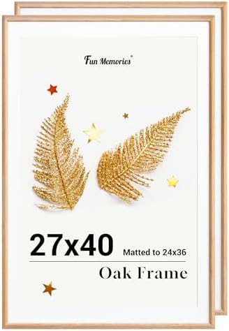 Fun Memories 27x40 Poster Frame, Solid Oak Wood Picture Frames, Modern Photo Frame for Wall 27x40 with 24x36 Mat, High Definition Plexiglass & Wall Hook Included (Beige, 2 Pack)