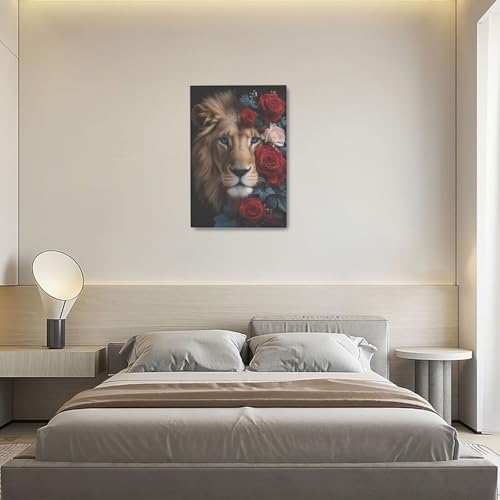Crekviy Lion Wall Art Lion Pictures Wall Decor Red Rose Canvas Prints Painting Artwork Decoration for Office Bathroom Bedroom Living Room Framed Gifts 16"x24"