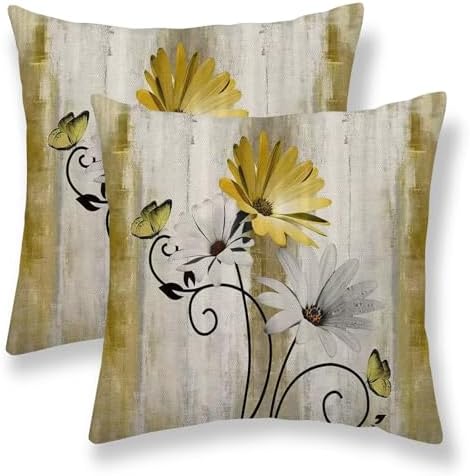 Yellow Floral Pillow Covers 20 x 20 Inch Set of 2 Daisy Floral Butterfly Decorative Throw Pillow Covers Linen Rustic Farmhouse Cushion Cases for Home Sofa Couch Living Room Decor