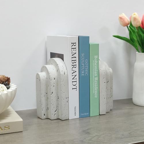 Decorative Book Ends for Shelves - Boho Aesthetic Bookends Decor - Heavy Duty Travertine Book Stopper Holder for Home Office Desk Coffee Table (Grey)