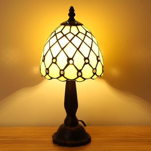 Small Tiffany Style Table Lamp,3 Color Temperature Beads Light Gold Stained Glass Table Lamps for Living Dining Room,Bedroom,Bedside Nightstand Night Light+LED E12 Bulb,6X6X13Inch