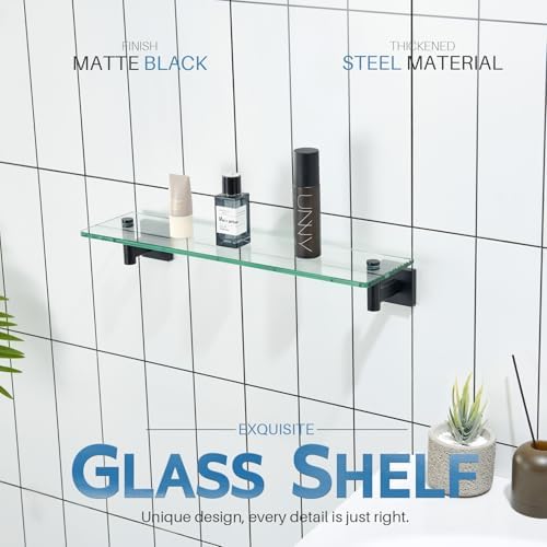 KOKOSIRI Bathroom Shelves Glass Floating Shelf 20-Inch for Bedroom, Living Room, Kitchen, Storage Hanging Rack Rustproof Wall Mounted Black B1105BK-L20