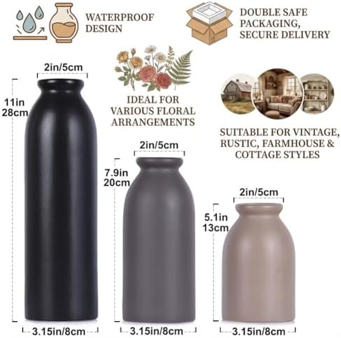 Matte Ceramic Vase Set of 3 - Modern Rustic Farmhouse Style, Decorative Vases for Dining Table, Shelf, Bedroom, Living Room, Kitchen, Office, Bathroom, Mantle, Centerpiece Décor (Neutral)