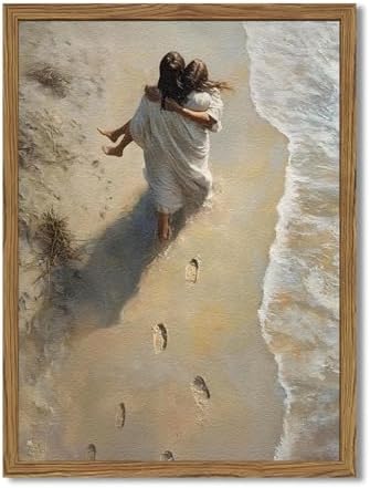 Jesus Hugging Woman Wall Art Jesus on the Beach Wall Decor 3D Textured Hand Drawn Sandstone Christian Decor Painting Footprints on the Beach Artwork for Bedroom Living Room 12x16 inch Wood Framed