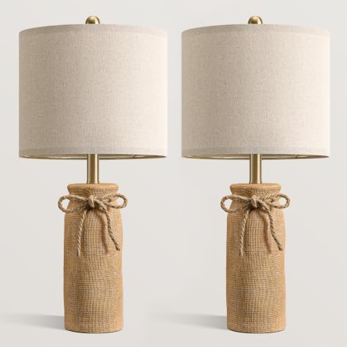 BOBOMOMO Boho Table Lamps for Living Room Set of 2, 25.5" Coastal Farmhouse Bedside Table Lamps for Nightstands, Resin Woven Rattan-Look Lamps for Bedroom, Entry Way, Rustic Home Decor