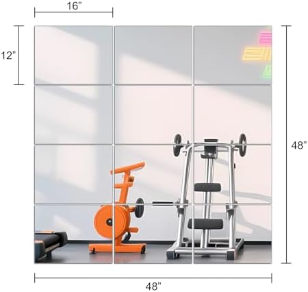 Wall Mirror Tiles, 16" x 12" x 12PCS Home Gym Mirror Tiles Frameless Glass | Workout Mirror Tiles for Garage, Bedroom, Living Room, Over The Door, Frameless Mirror Sets