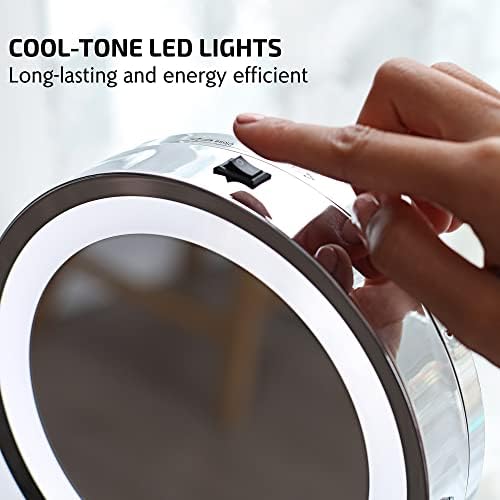 OVENTE 7'' Lighted Magnifying Makeup Mirror, Polished Chrome MCT70CH1X7X | Cordless Tabletop Vanity Mirror with 1X/7X Magnification, Battery Operated, 360° Swivel Design, Cool-Tone LED Lights