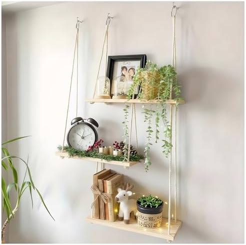 3-Tier Boho Hanging Shelves for Wall - Rustic Floating Wood Shelves with Rope, Macrame Plant Shelf Organizer for Home Decor - Farmhouse, Bohemian Style for Bedroom
