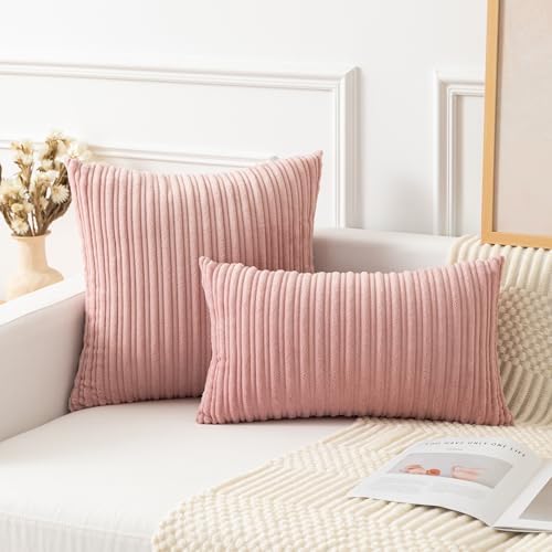 Kevin Textile Striped Corduroy 18”x18” Pillow Covers 2 Pack, Baby Pink