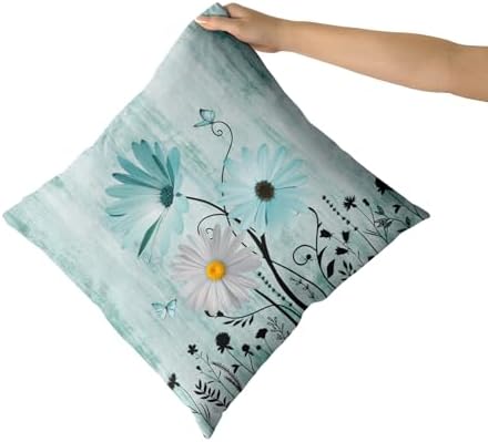Giwawa 2PCs Teal Daisy Pillow Covers- 20"x20" Rustic Turquoise Floral Double Sided Square Pillowcases- Farmhouse Flower Butterfly Throw Cushion Cover for Sofa Porch Patio Outdoor Decor