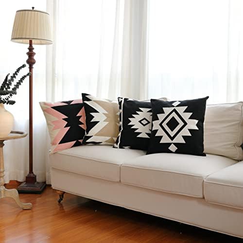 IKATYARN Black White Aztec Embroidery Throw Pillow Cover, Boho Tribal Geometric Pillowcase, Modern Farmhouse Cushion Case for Couch Sofa Bed, 16"x16"