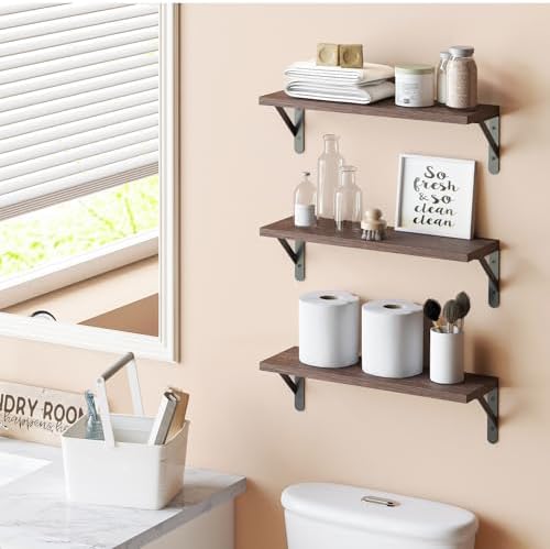 YGEOMER 16.5in Floating Shelves for Wall Home Decor, Wood, Brown, Set of 6