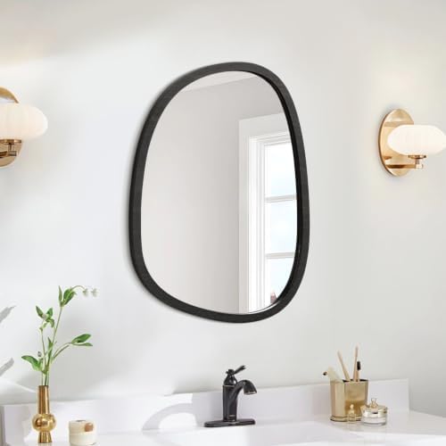 Irregular Wood Frame Mirror for Wall Asymmetrical Oval Wall Mirrors Unique Shape Modern Wall Mounted Vanity Artistic for Bathroom Bedroom Living Room Entryway Decorative