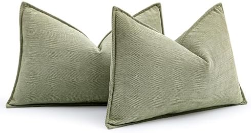 MIULEE Pack of 2 Sage Green Decorative Lumbar Chenille Pillow Covers 12x20