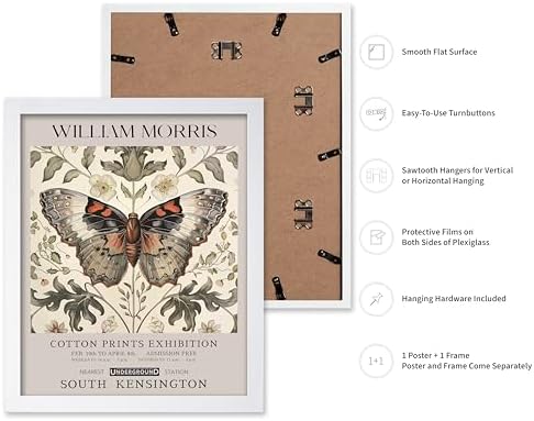 Poster Master William Morris Poster - Butterfly Print - Moth Illustration - Botanical Art - Flower Art - Exhibition Illustration - Animal Illustration - Floral Painting - Aesthetic Office or Bedroom Decor - 8x10 White Framed