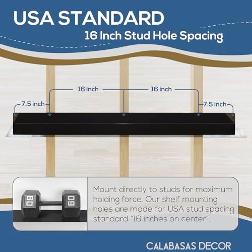 48x8 in Metal Floating Shelf Black Gloss Wall Mounted - Made in The USA - Bedroom, Living Room, Bathroom, Kitchen