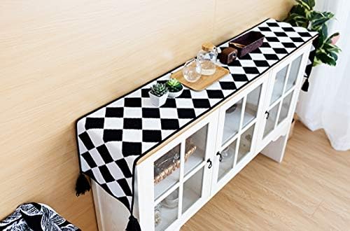 Fennco Styles Black and White Diamond Woven Table Runner - 14 x 71 Inch Checker Runner Table Centerpiece for Dining Home Decor, Indoor Parties, Holiday Events Tassel Table Runner