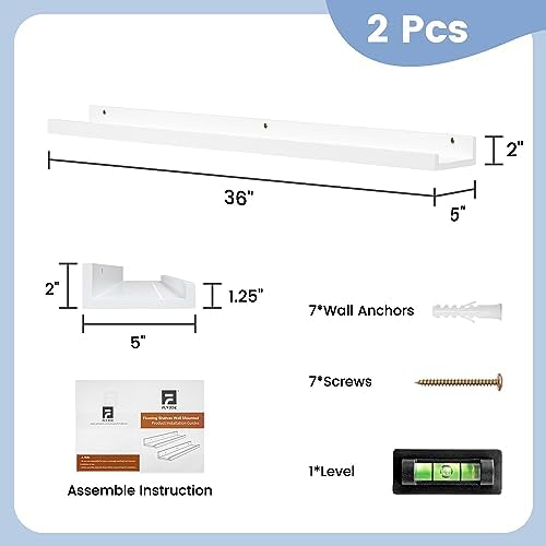 Picture Ledge Shelf for Wall, 36 inch Solid Pine Wood Nursery Book Shelves 2 Packs, Floating Ledge Shelves for Kids' Room Bedroom Bathroom Living Room Photo Frames Office Nursey Wall Decor, White