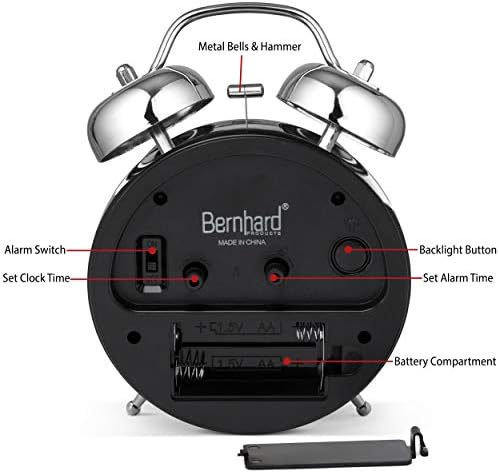 Bernhard Products Analog Alarm Clock Twin Bell 4" Silver Metal Extra Loud Quartz Battery Operated with Backlight Silent Non-Ticking for Bedside Desk Vintage Retro Antique Decorative Old School, Chrome