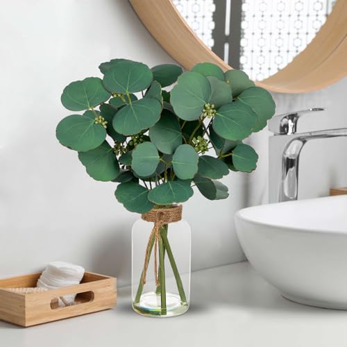 Artificial Eucalyptus Stems Fake Plants in Glass Vase with Faux Water