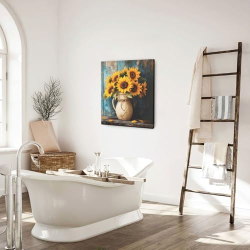 Crekviy Sunflower Wall Art Vintage Flower Wall Decor Farmhouse Canvas Prints Painting Yellow Floral Pictures Decoration for Bathroom Bedroom Living Room Framed Artwork Gifts 20"x24"