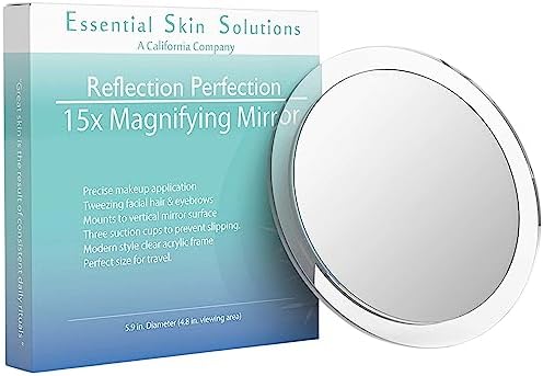 15X Magnifying Mirror – Use for Makeup Application - Tweezing – and Blackhead/Blemish Removal – 6 Inch Round Mirror with Three Suction Cups for Easy Mounting - Great for Travel