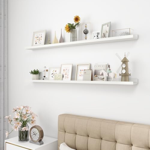 Acovy Picture Ledge Shelf, Wood Long Floating Shelves for Wall, Set of 2, 56 inch Picture Ledge Shelves, Photo Ledge Nursery Book Shelves Wall Mounted for Living Room Kids' Room Bedroom, Color White
