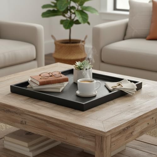 25x25 Inch Square Ottoman Tray - Faux Leather Large Serving Tray for Couch/Coffee Table, Family Dinner, Picnic, Party Decor （25 inch Black）