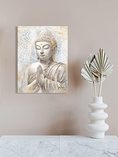 Gold Buddha Wall Art Decor: Small Laughing Buddha Painting with Mandala Flower and Gold Leaf Buddha Pictures for Living Room Bedroom Yoga Room Buddhist Meditation Room Home Decorations 12x16inch