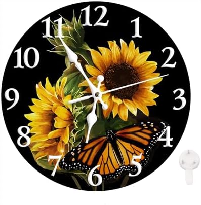 LOKMU Silent Non Ticking Clock 12 Inch, Round Wall Clock,Decorative for Living Room, Kitchen, Home,Bathroom, Bedroom, Office or School, Sunflower with Butterfly on Black