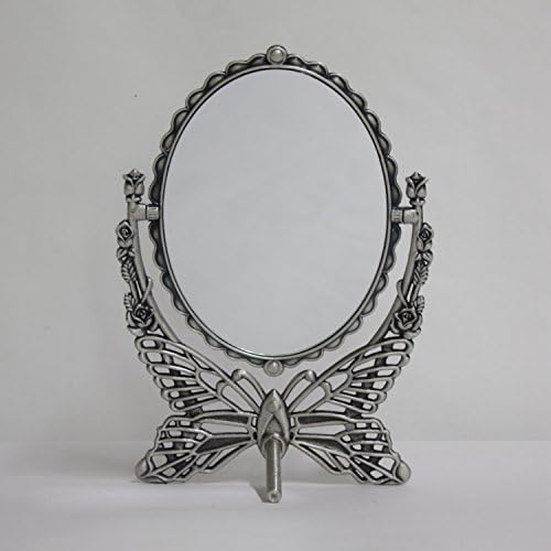 SEHAMANO Vintage Antique Butterfly Patterned Metal Frame Makeup Table Mirror, Decorative Oval Shaped Stand Mirror, Vanity Cosmetic Double Sided Rotatable Ellipse Mirror (Tin (Matt Grey), Medium)
