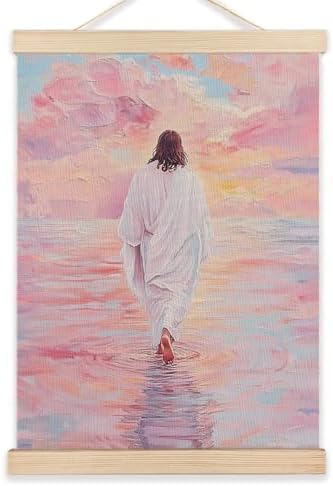 LZYRF Jesus Walking on Water Wall Art Poster Framed, Christian Room Decor, Pastel Christian Religious Jesus Canvas Prints Wall Decor for Home Bedroom Living Room Church, 12x16 Inch