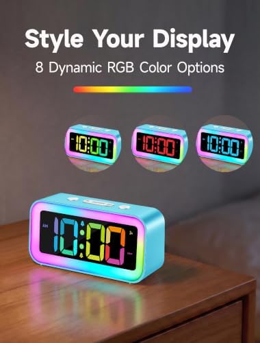 Cadmos Loud Alarm Clock for Bedrooms with Dynamic RGB Night Light,Heavy Sleepers Adults,Dual Alarm,Dimmer,USB Charger,Small Bedside Digital Clock with LED Display for Kids,Teens,Seniors (Blue)