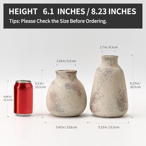 PORCER Ceramic Vase Set of 2 for Home Decor, Handcrafted Vintage Terracotta Vases, Rustic Farmhouse Decor, Minimalist Decorative Vase Set for Table Centerpiece Fireplace Nightstand Decoration - Brown